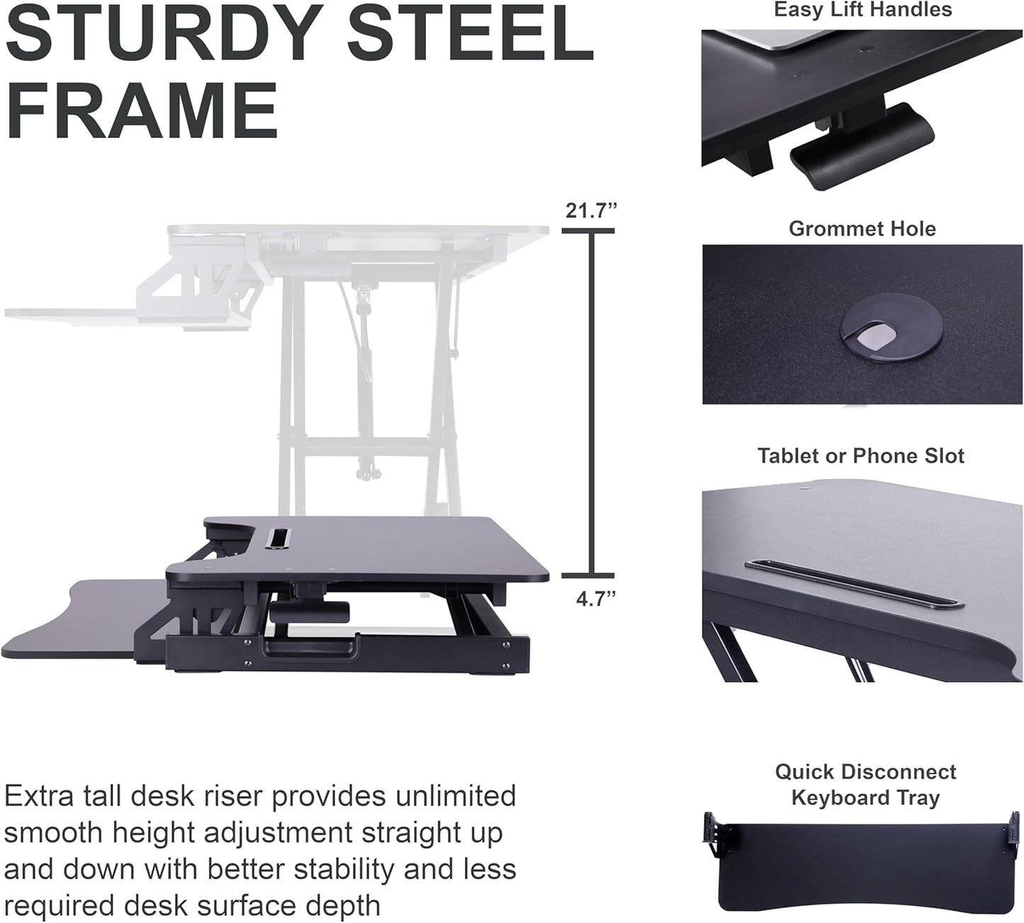 Rocelco 43" Height Adjustable Standing Desk Converter with Dual Monitor Arm Mount - Tall Stand Up Tabletop Riser and Tablet Slot - Computer Workstation - Deep Keyboard Tray - Black (R VADRB-43-DM2)