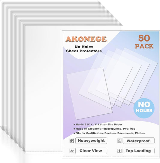 50 Pack No Holes Sheet Protectors 8.5 x 11 Inch Letter Size Page Protectors for Documents, Prints, Top Loading Heavyweight Clear View Plastic Sleeves for Papers, Artworks, Photos