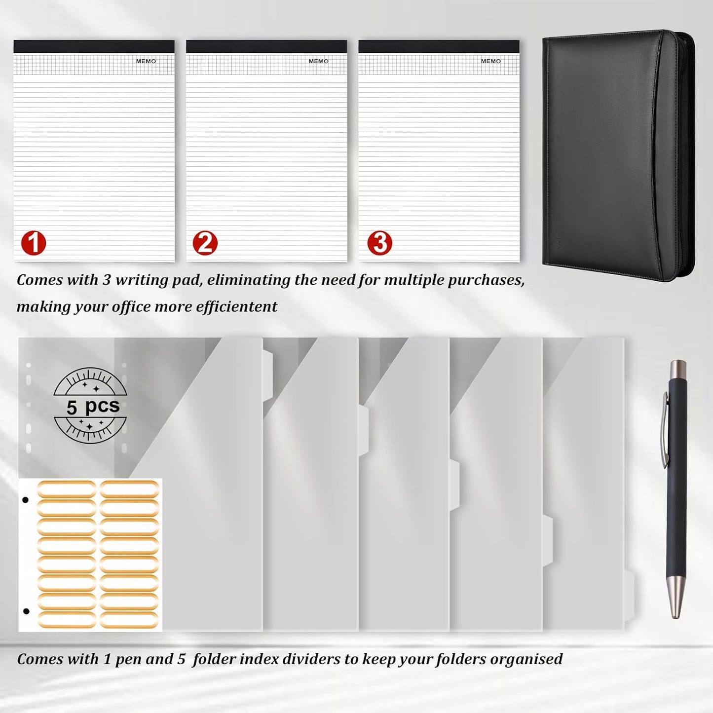 Leathario Portfolio Binder, Includes 10 Sheet Protectors and 3 Notepads, 3-Ring Folder Organizer, A4 Padfolio with Zipper, Vegan Leather Tablet Sleeve, Business Office Conference Clipboards