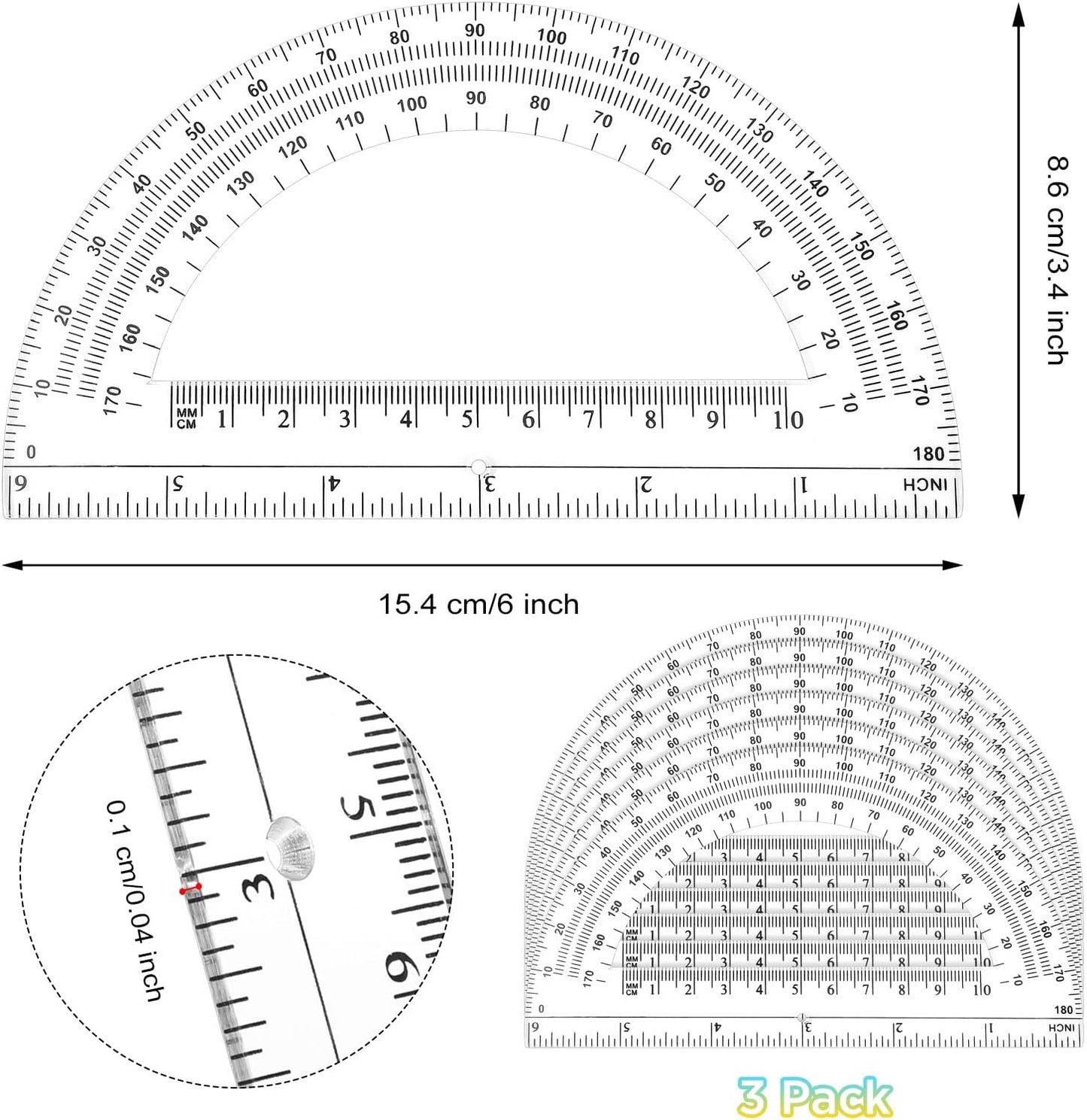 Zonon 3 Pieces Plastic Protractors Bulk Classroom Clear Math Protractors 180 Degrees 6 Inch for Geometry Student, Angle Measurement, Students Back to School Supplies Office Supplies