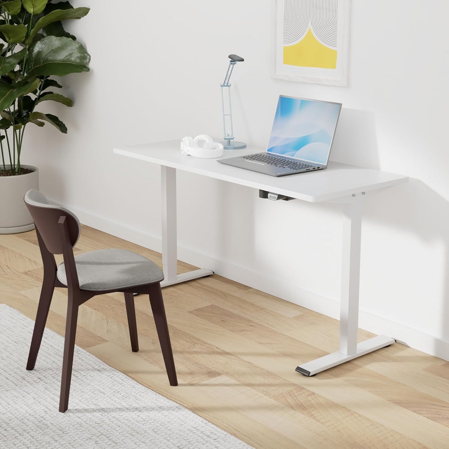 SANODESK Electric Standing Desk 55 x 28 Inches Whole-Piece Desktop Height Adjustable Stand Up Desk w/6-Button Controller Ergonomic Computer Desk for Home Office, White Frame + White Tabletop