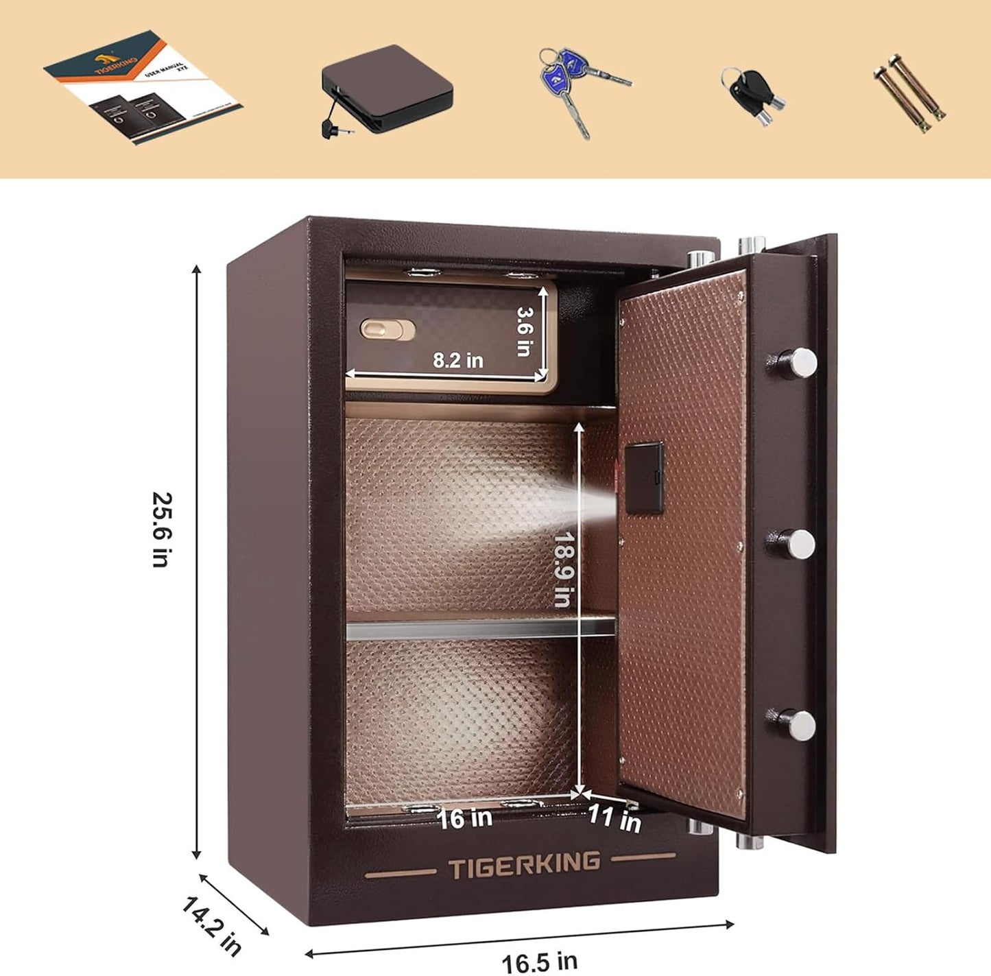 TIGERKING Large Heavy Duty Safe Box, 3.47 Cuft Digital Security Home Safe with Combination Lock Built-in Lockable Box, Dual Alarm System Safes for Home Office Business, Antique Brass