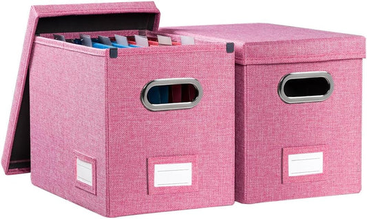 PRANDOM File Organizer Box - Set of 2 Collapsible Decorative Linen Filing Storage Hanging File Folders with Lids Office Cabinet Letter Size Pink (14x9.3x10.8 inch)