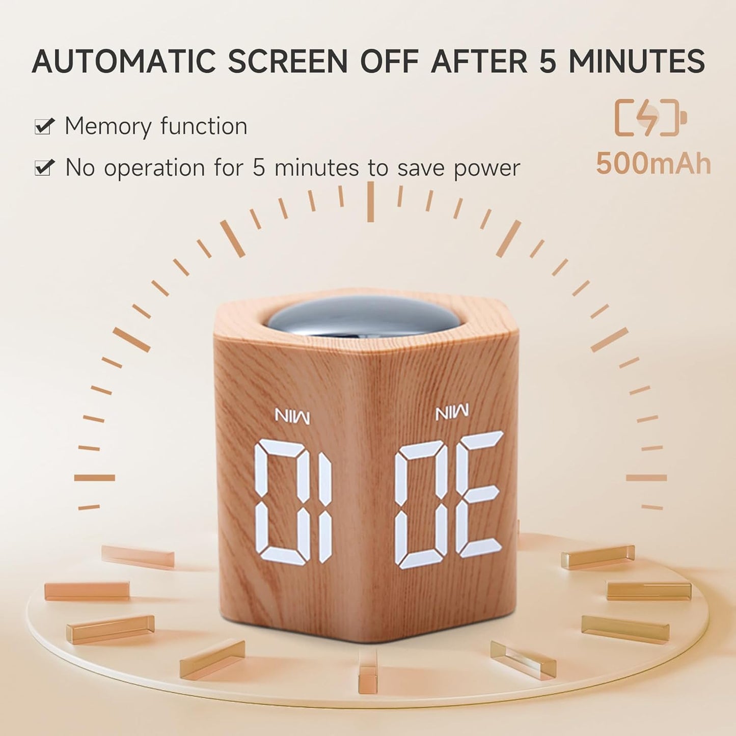 Productivity Timer 1, 5, 10, 30, 60 Minutes Preset, Desk Cube Timer with Gravity Sensor/Mute/Vibration for ADHD, Work, Study, Kitchen, Back to School (1, Wood Grain)