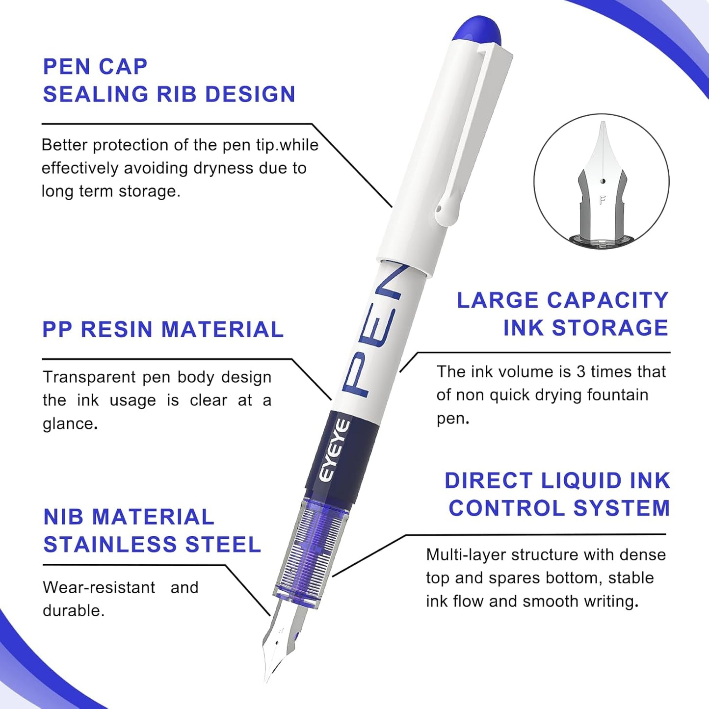 EYEYE Disposable Fountain Pens, 8 Pack 3 Colors Fine Point Pens Stainless Steel Nib, Fountain Pens Smooth Writing for Journaling, Drafting, Sketching, Doodling & Office Supplies