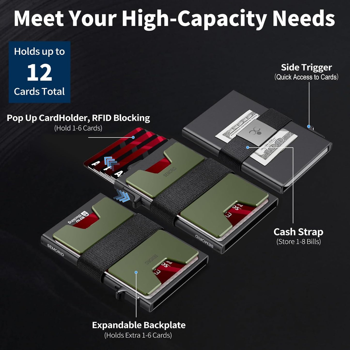 Slim Wallet for Men, RFID Blocking Mens Wallets, Minimalist Pop Up Men's Credit Card Holder, Sturdy Metal Card Case with Cash Strap - 12+ Cards Capacity