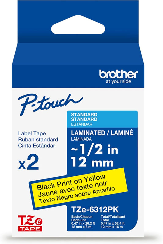 Brother Genuine P-Touch, TZe-6312PK Tape ½” (12mm) 2-Pack Laminated P-Touch Tape, Black On Yellow Perfect for Indoor Or Outdoor Use, Water Resistant, 26.2 Ft. (8M)