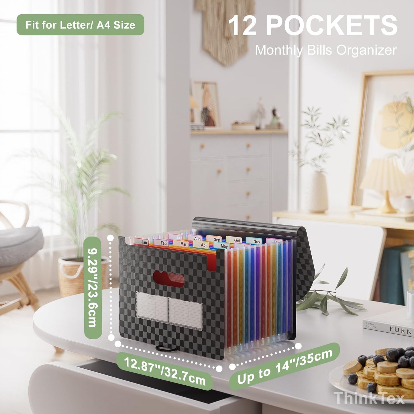 ThinkTex Accordion File Organizer, 12 - Pocket Expanding File Folders for Paper Receipts, Bills&Taxes Organizer, Portable Letter/A4 Size Document Holder for School, Office, Home with Colorful tabs