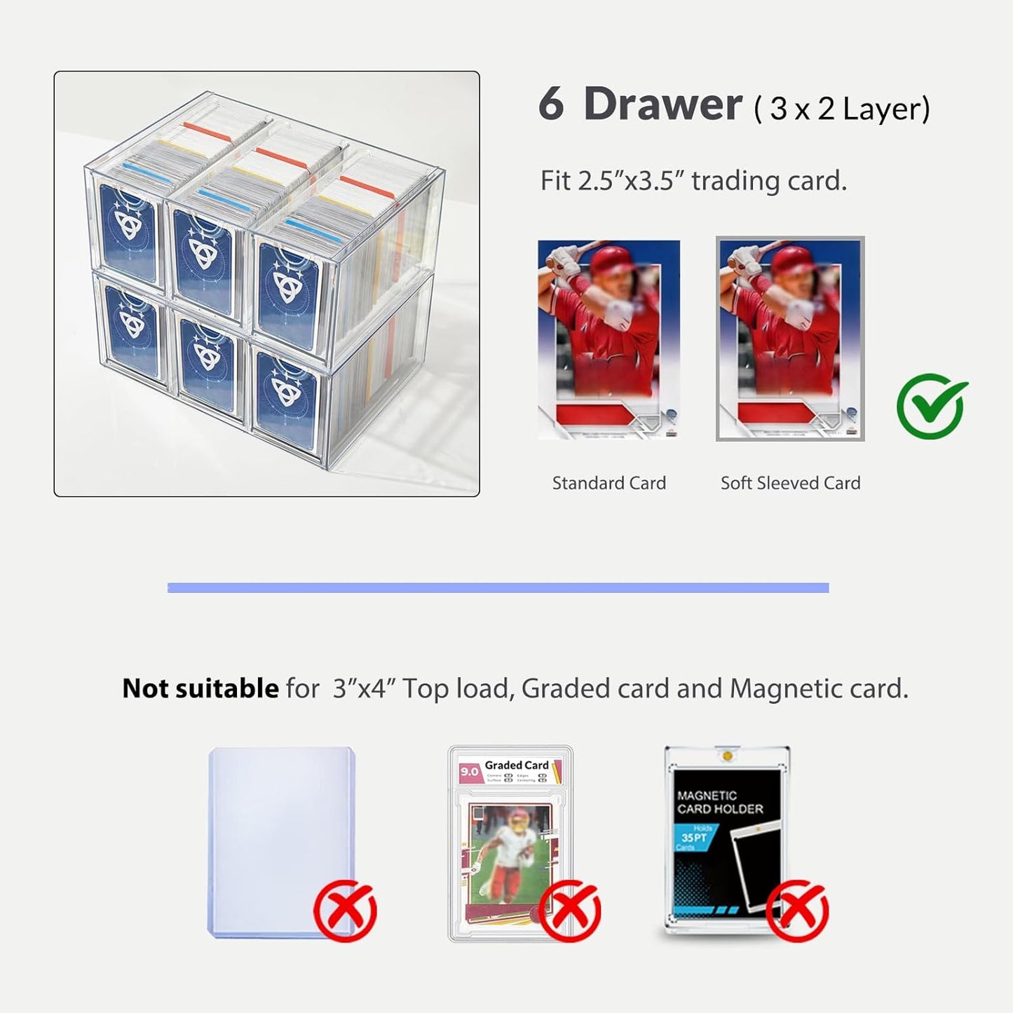 6 Drawer Trading Card Storage Box, 2200+ Cards Organizer with Divider, Clear Stackable Drawers for TCG, MTG, PTCG, Sports Cards (6 Drawer Card Box)