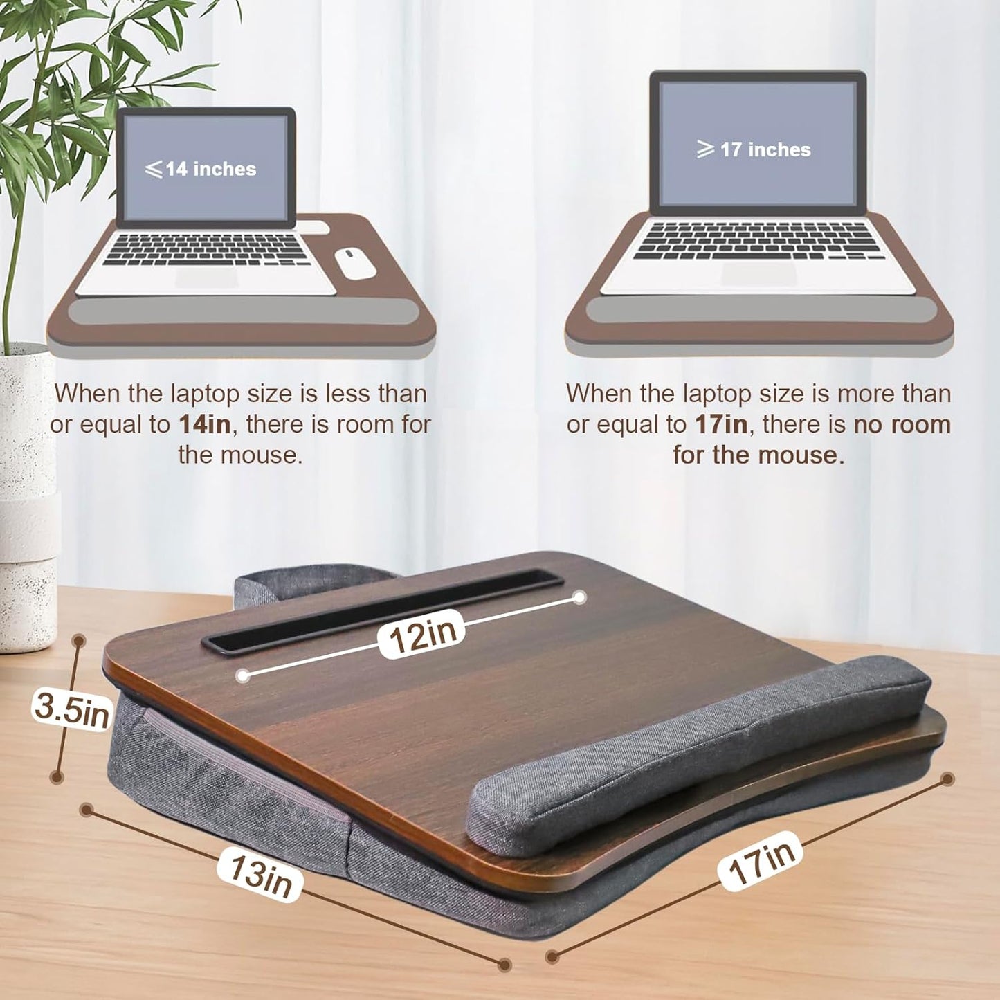 Portable Lap Desk for Laptop with Cushion, Storage Bag Fits Up to 15.6 Inch Laptop, Adults with Ipad/Phone&Pillow Holder for Home Office Bed Couch - Walnut Color