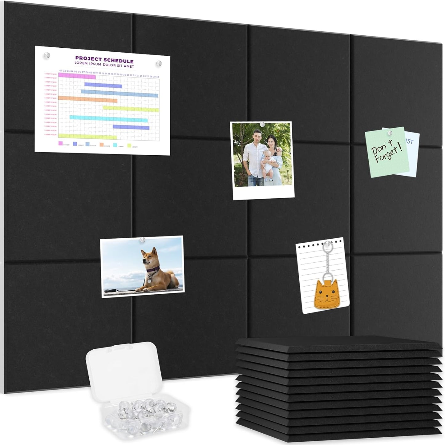 Smarpau Large Cork Board, Black Bulletin Board for Walls 48"x36", 12 Pack Pin Board Felt Wall Tiles with 35 Pushpins 50 Removable Security Stickers, Cork Boards for Office Home Decoration