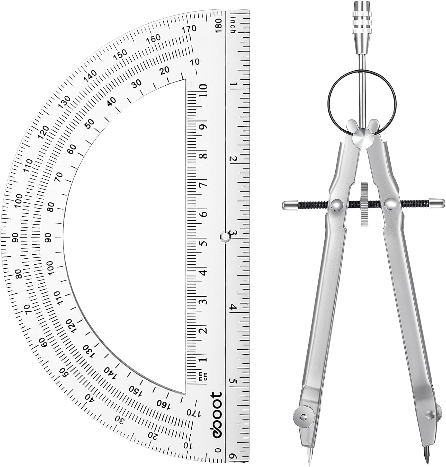 EBOOT Student Geometry Math Set, Drawing Compass and 6 Inch Clear Swing Arm Protractors 180 Degree Math Protractor (Silver)