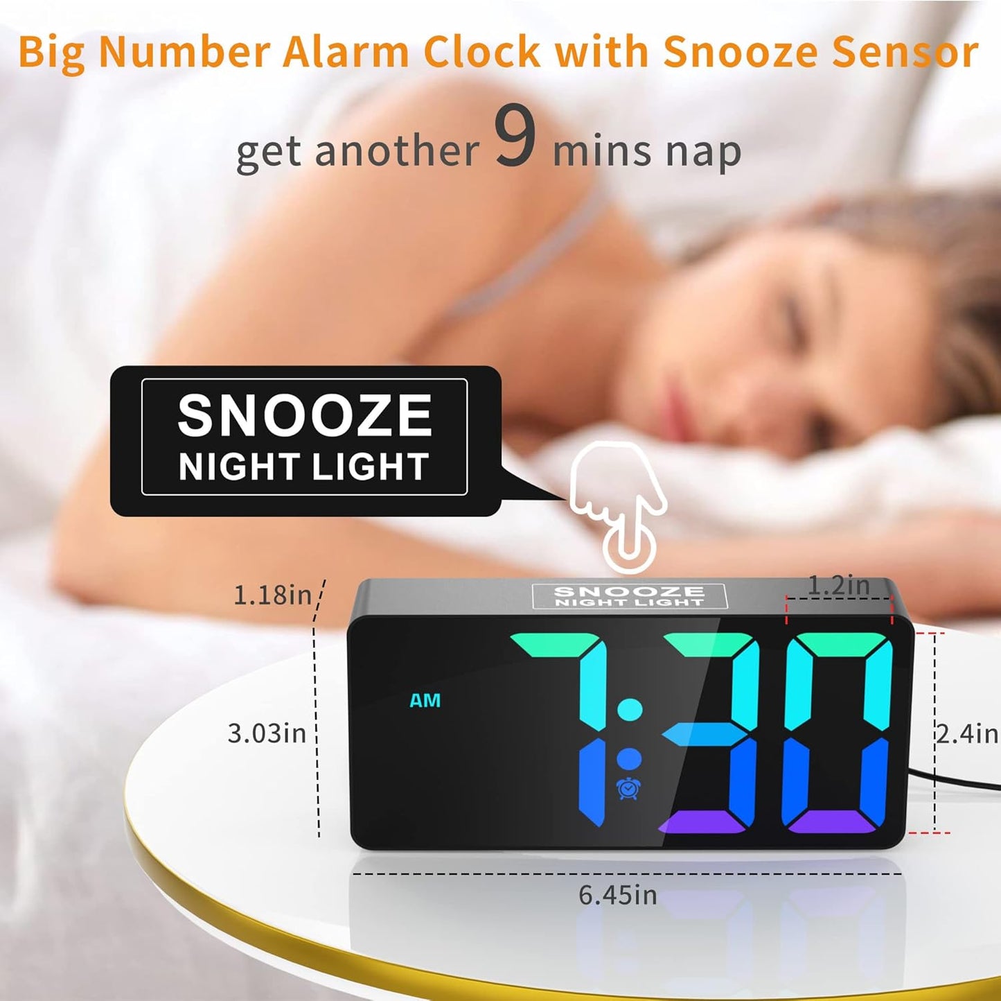 PPLEE Digital Alarm Clock with RGB Night Light - Color Changing LED Display, Large Easy-Read Number, Adjustable Brightness&Volume, USB-C Charging, Snooze, 12/24H, Bedside Clock for Kids Adults Elderly