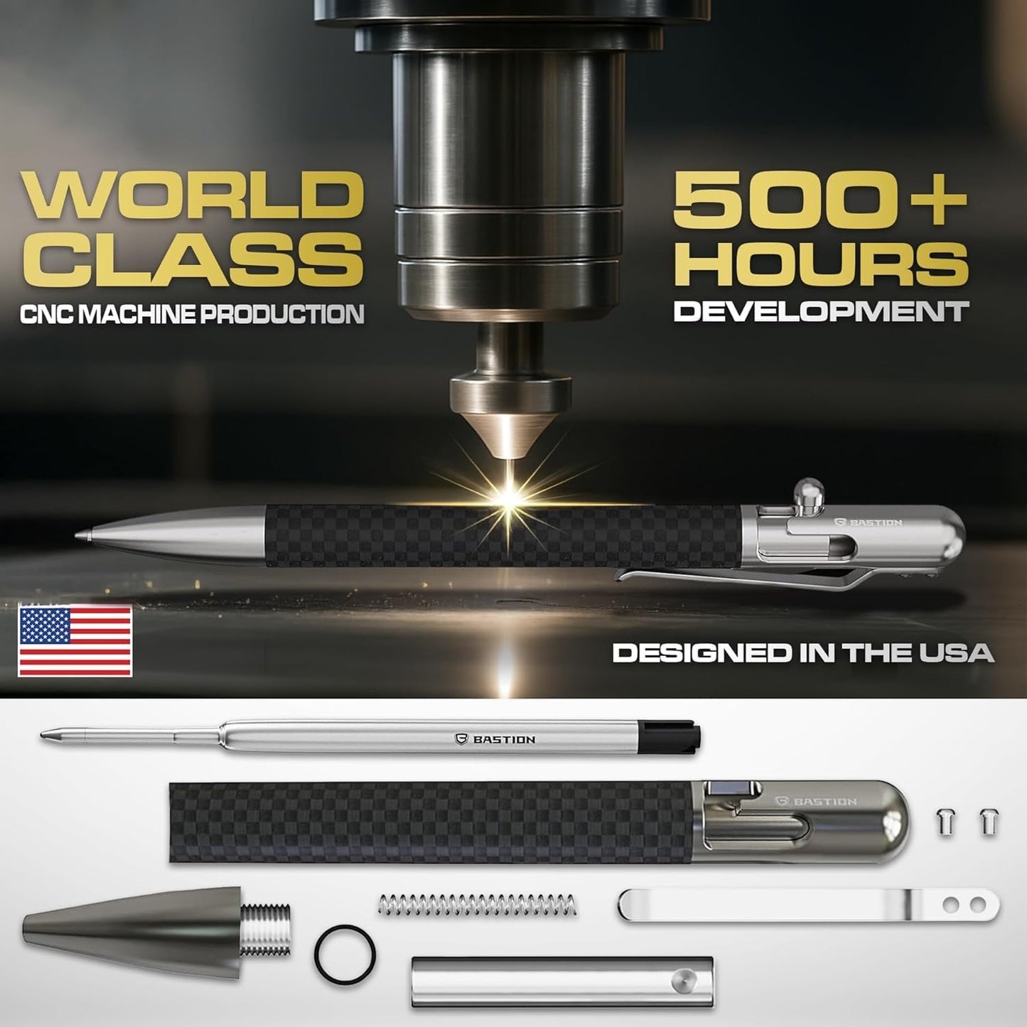 BASTION® Luxury Slim Bolt Action Pen, EDC Pen with Fine Tip, Professional Ballpoint Pen for School and Work - Carbon Fiber-Stainless Steel