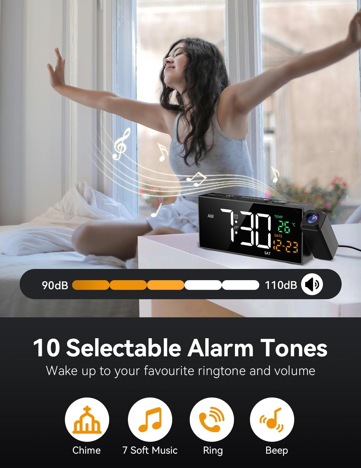 Netzu Projection Clock for Bedroom Ceiling, Alarm Clocks with 180° Rotatable Projector, Date Temperature and Weekday, Manual DST, 5 Brightness, 10 Ringtones, 4 Volumes and Snooze (Black)