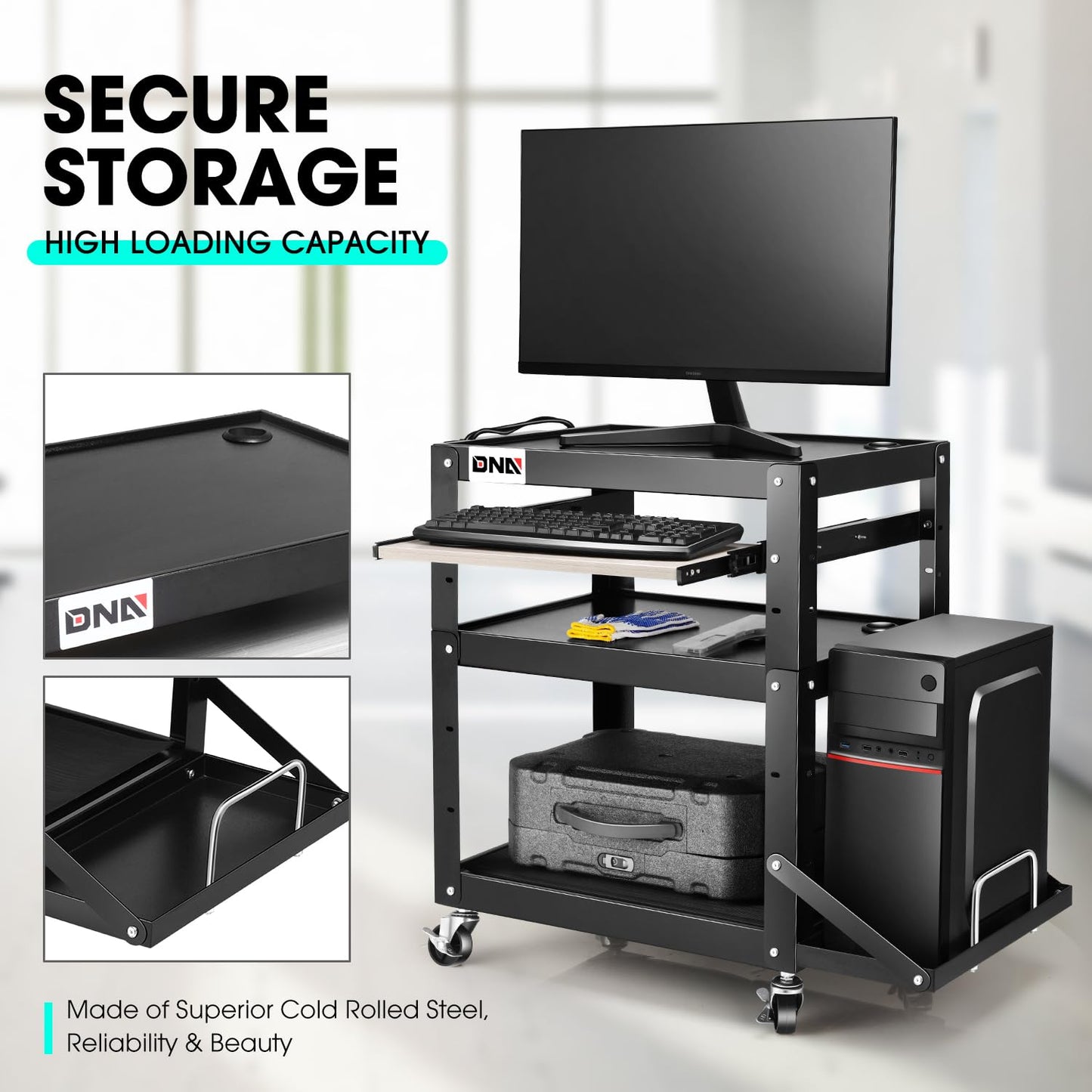 DNA MOTORING Steel AV Cart 3-Layer Rolling Projector Utility Cart, 24" X 18" X 20" - 30.5" Height Adjustable, with Wheels, Pullout Keyboard Tray, Power Strip, Cord Management, TOOLS-00495