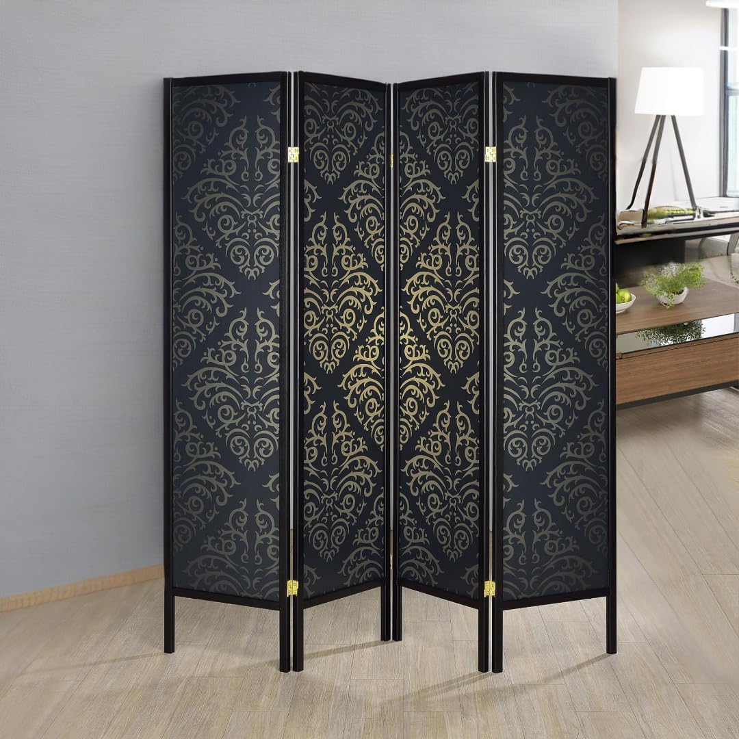 NicBex Room Divider 4 Panel Room Dividers with Damask Print Partition Room Dividers and Folding Privacy Screens Wall Divider for Home, Office, Room Separation,69.5" W x 0.75" D x 70.25" H, Black