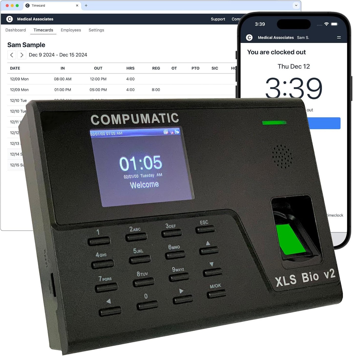 COMPUMATIC Biometric Fingerprint Time Clock with Online Cloud Hosted Software, Automatic Real-Time Punch Upload with WiFi or Wired Ethernet Connection