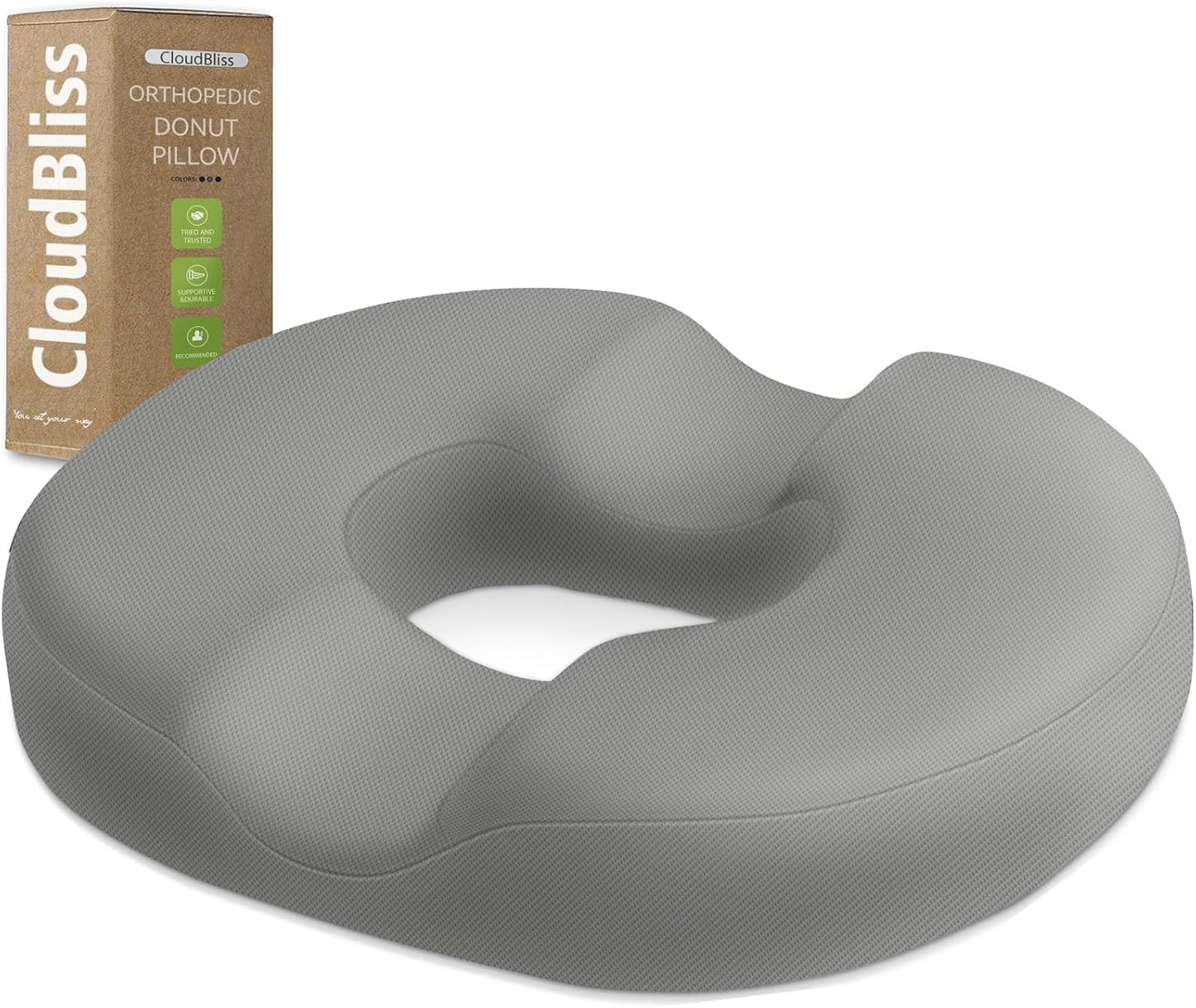 CloudBliss Donut Pillow Seat Cushion Chair Pad for Tailbone Pain Relief and Hemorrhoids, Memory Foam Seat Chair Cushion for Men and Women for Home & Office, (Light Grey-XL)