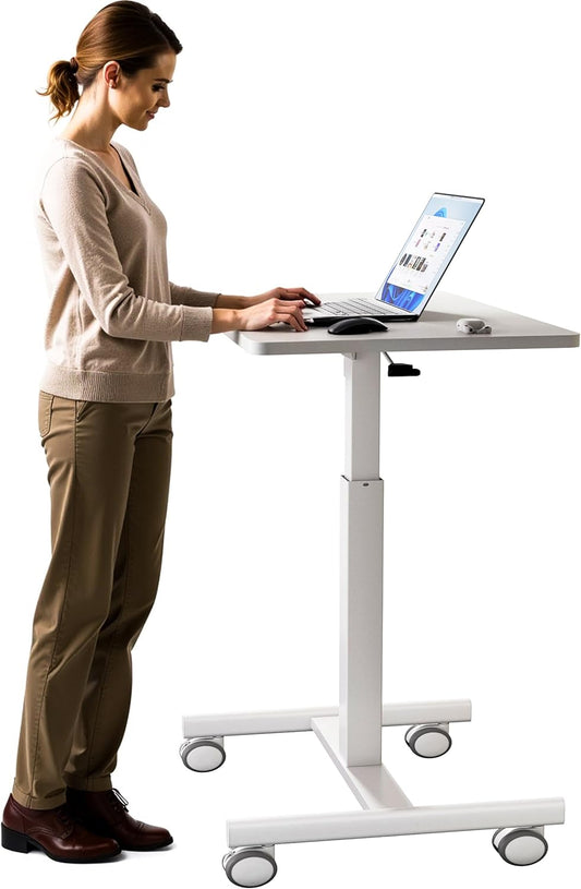 Mobile Laptop Standing Desk Adjustable Height, Small Mobile Desk Workstation with Wheels, Portable Rolling Computer Desk Cart for Home Office Classroom (White)