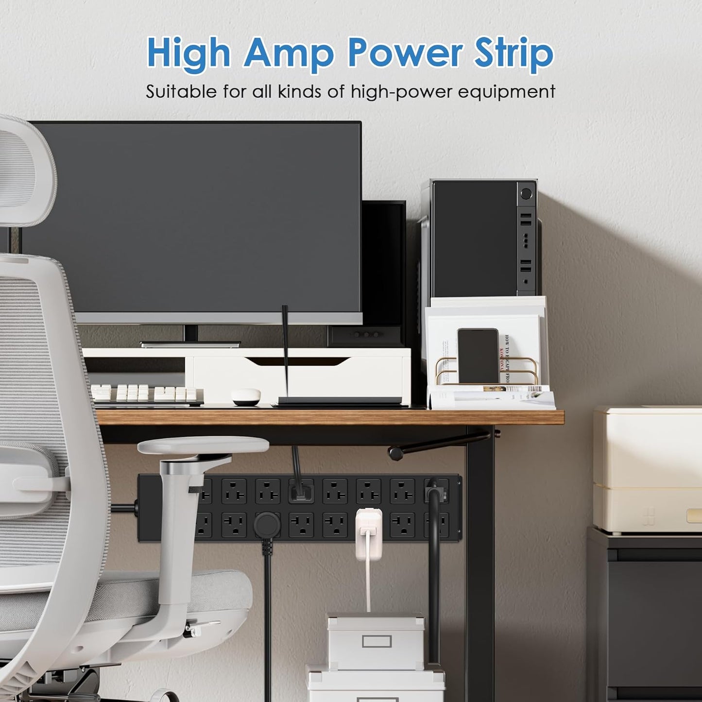 JUNNUJ Heavy Duty 20 Amp Power Strip with Surge Protection 3000J, Garage 16 Outlets Metal 12 Gauge, Desk Strips Wide Spaced, High Amp 5-15P Adapter Shop 6-20R T-Slot Industrial Outlets (16AC, 10FT)