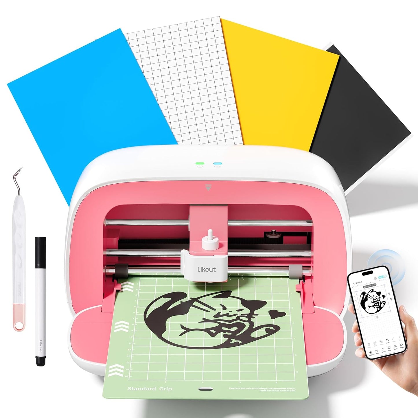 S501 Vinyl Cutter Machine with Built-in Storage, Die Cutting Machine of Multi Material Vinyl, HTV, Cardstock, Paper, Includes Cutting Mat, Black Pen, Weeding Tool, Pink