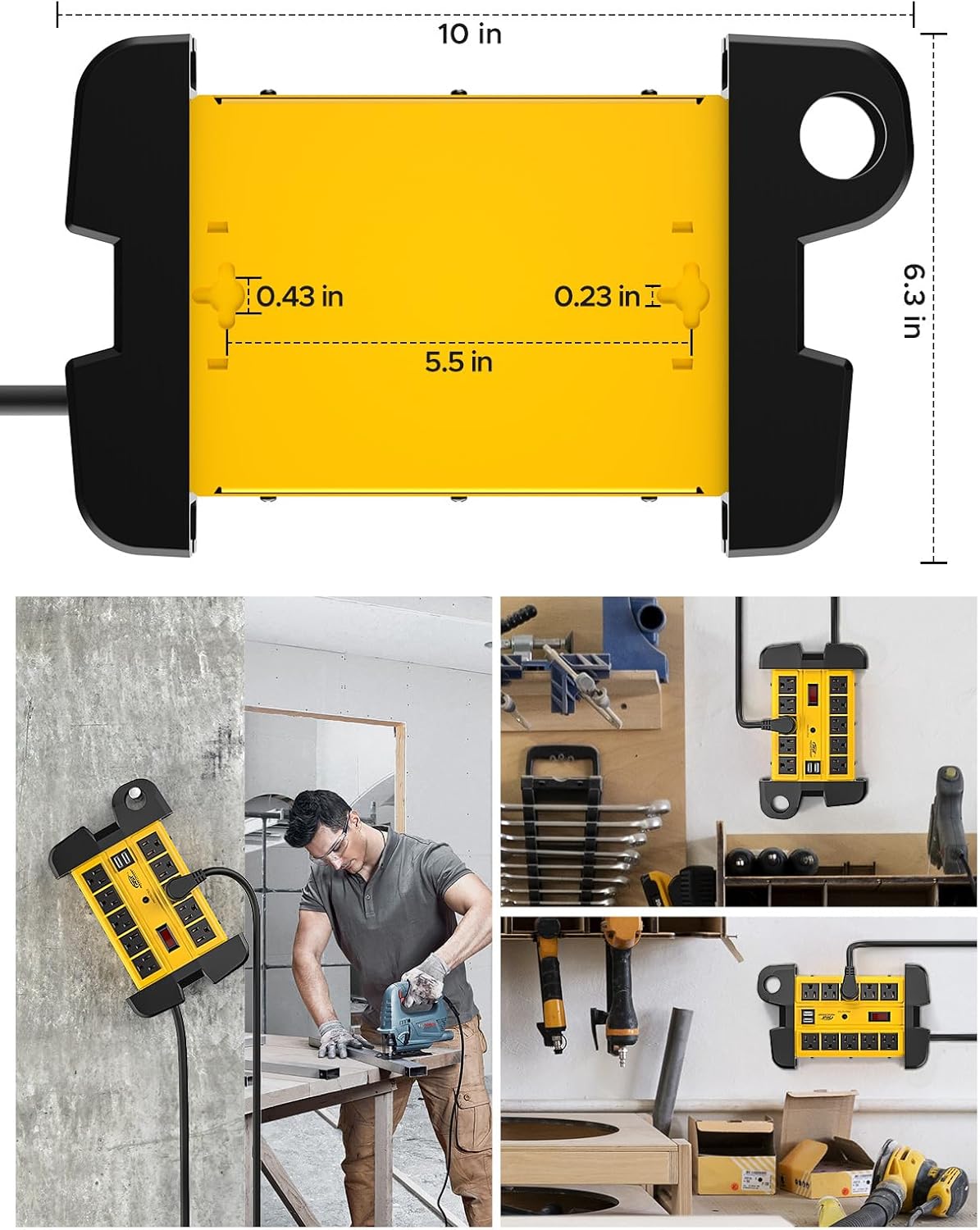 CRST Heavy Duty Power Strip with USB (3.1A),10-Outlet Metal Surge Protector Power Strip with 15FT Cord(2800J),15A Circuit Breaker, Wall Mount, ETL Listed