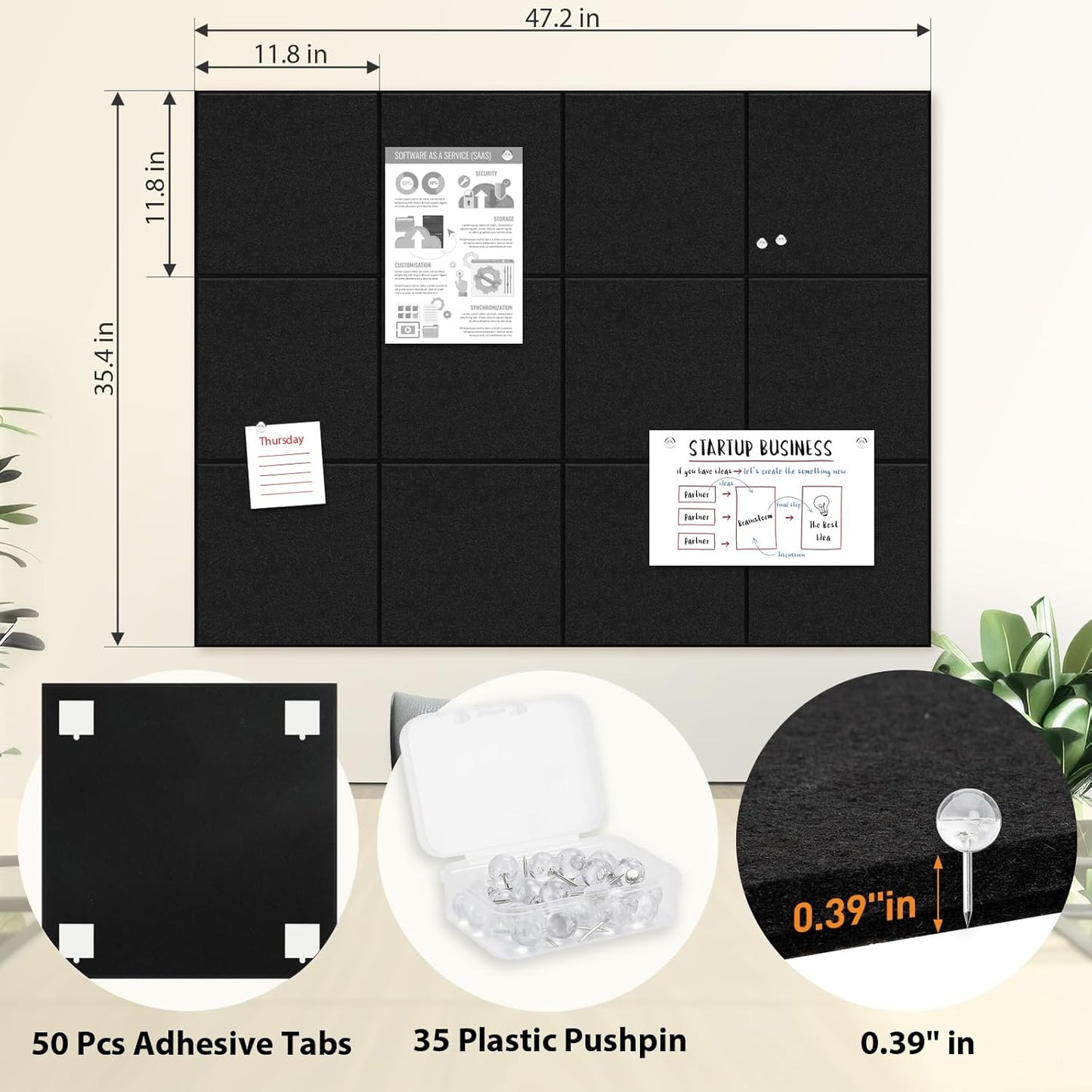 Smarpau Large Cork Board, Black Bulletin Board for Walls 48"x36", 12 Pack Pin Board Felt Wall Tiles with 35 Pushpins 50 Removable Security Stickers, Cork Boards for Office Home Decoration