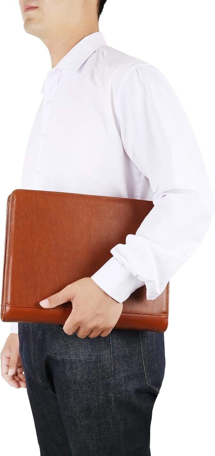 Personalized Leather Portfolio Organizer for IPad/Document, Business Padfolio with A4 Leather Notepad Holder, Custom Leather Compact Folder Conference Portfolio for Men and Women, Oil-Brown