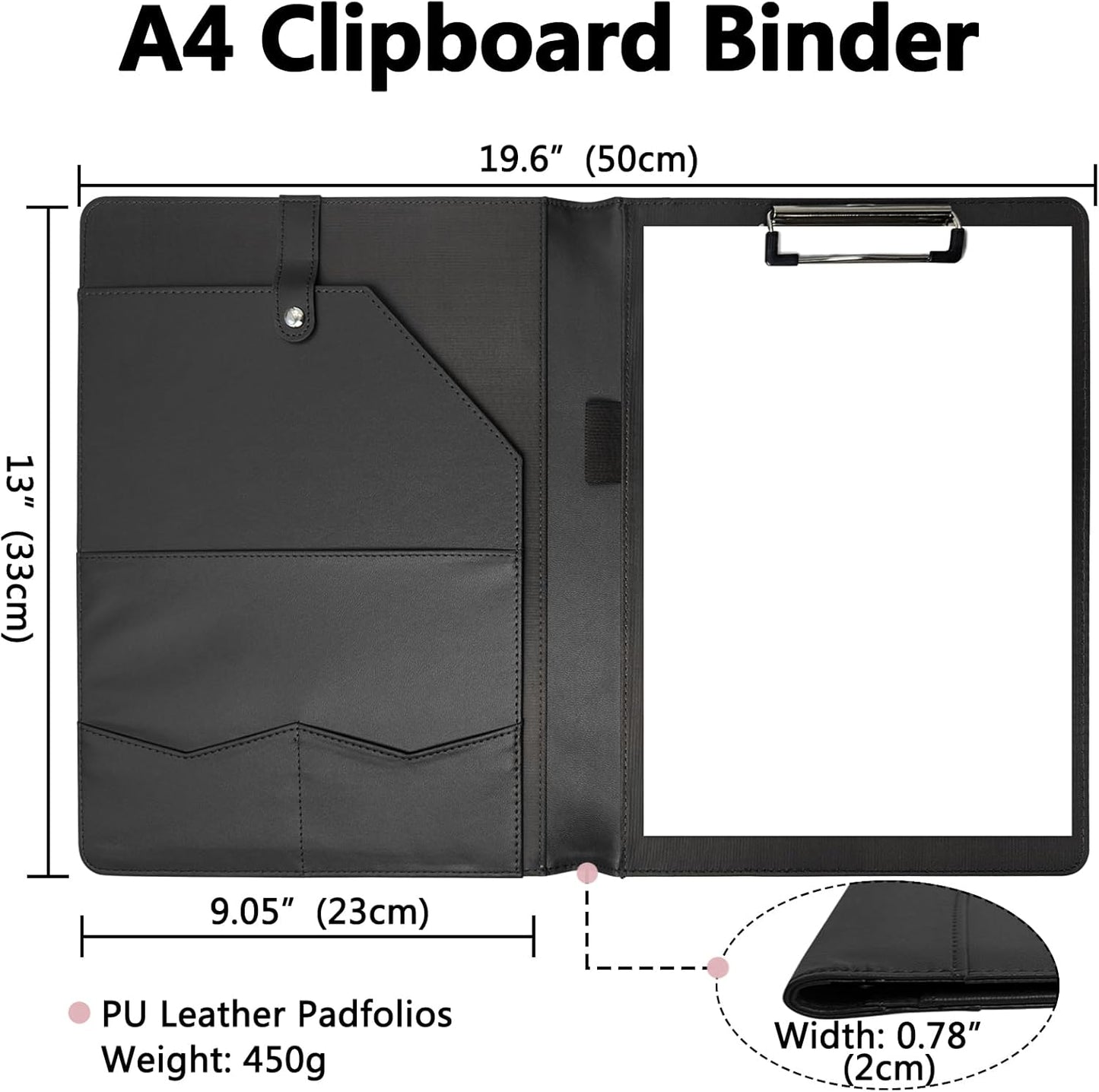 Portfolio Folder Padfolio with A4 Clipboard, PU Leather Portfolio Clipboard Business Binder Writing Clip Board Organizer for Legal Documents Business Card Men Women Black