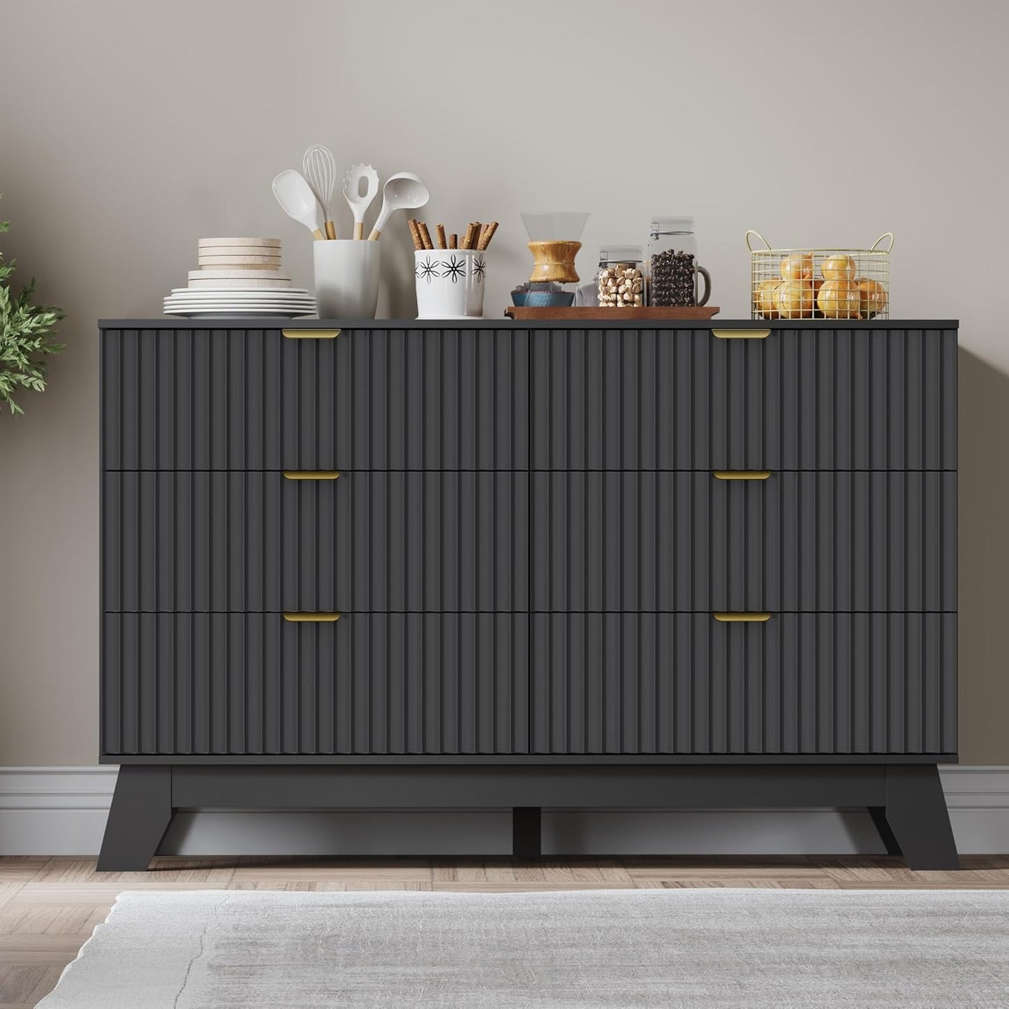 Fluted 6 Drawer Dresser, 47.2" Wide Modern Boho Chest of Drawers, Wooden Storage Dresser TV Stand for Bedroom, Living Room, Closet, Hallway, Curved Profile Design