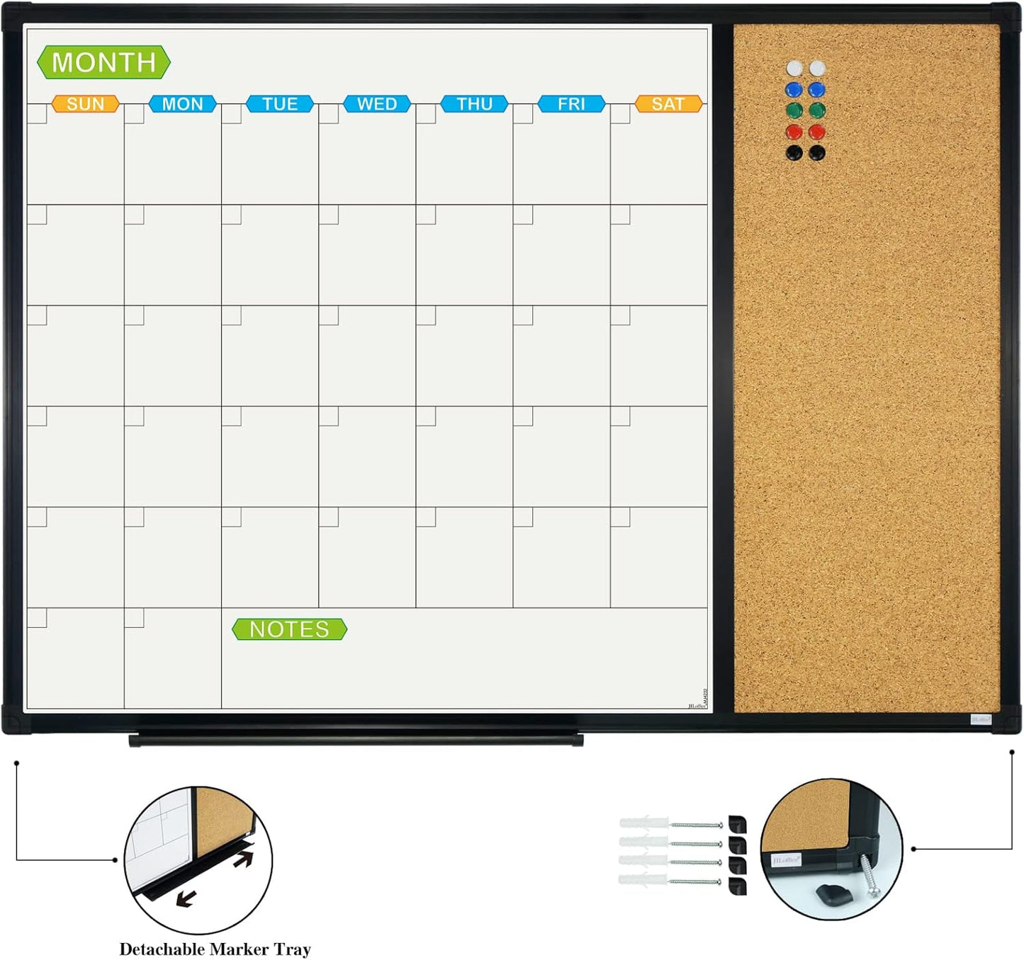 JILoffice Magnetic Calendar Whiteboard & Bulletin Corkboard Combination, Combo Board 28 x 20 Inch, Black Aluminum Frame Wall Mounted Board for Office Home and School with 10 Push Pins