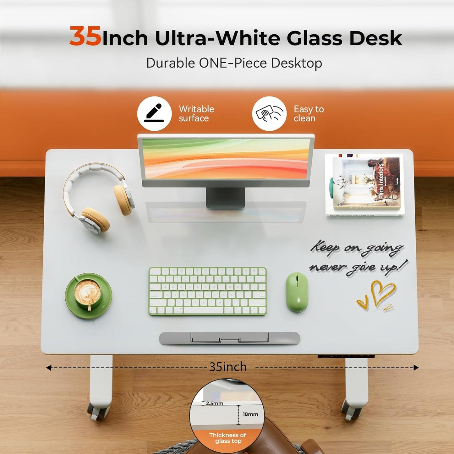 35inch Glass Standing Desk，90° Tiltable Mobile Rising Desk Height Adjustable，Whole Piece Rolling Sit Stand Table with Wheels，Foldable Small Laptop Desk，White