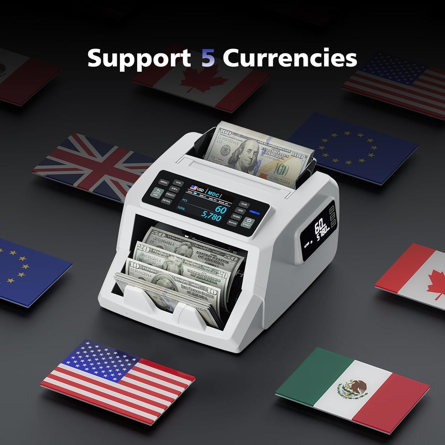 N71 Money Counter Machine Mixed Denomination, Dual-Display Mixed Denomination Value Counting Machine with UV/MG/IR/DD Counterfeit Detection, USD, EUR, MXN, GBP and CAD Business Money Counter