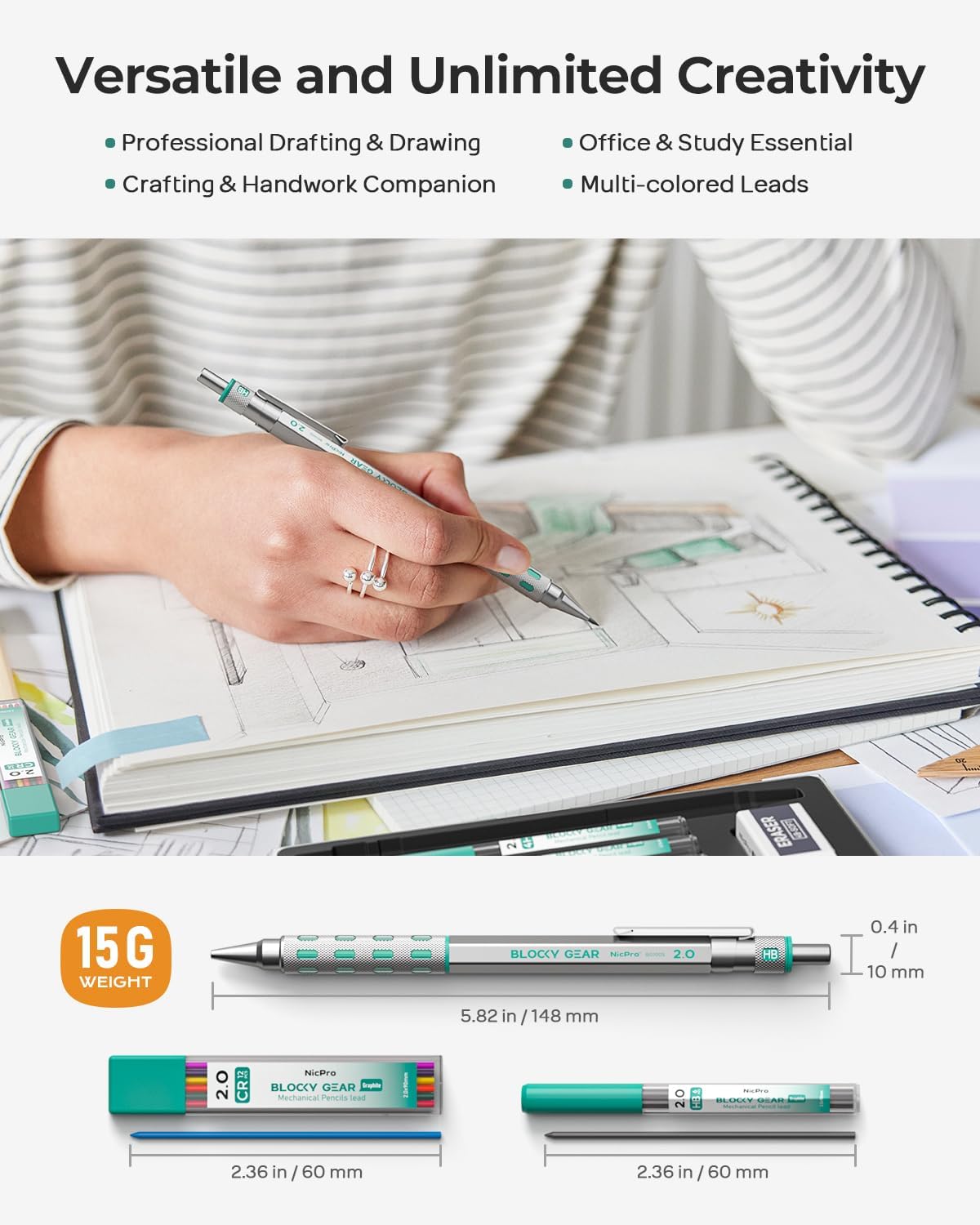 Nicpro Blocky Gear 2mm Metal Mechanical Pencils Set with Case, Drafting Pencil with 6 Tubes 2mm Lead Refill (HB 2B 2H 4B 4H & Colors) Sharpeners, Erasers for Artist Art Writing Drafting Drawing