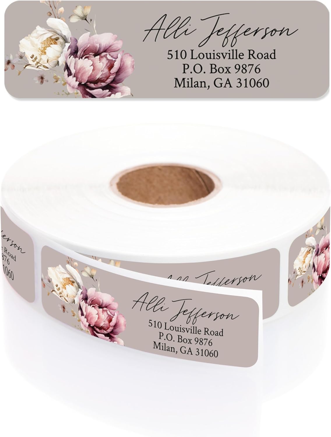 Taupe Watercolor Floral Rolled Address Labels / 250 Personalized Return Address Labels/Designer Address Stickers in Elegant Plastic Dispenser