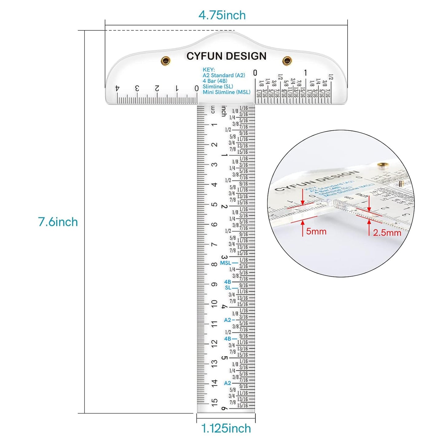 2PCS 6 inch/15cm T-Shape Acrylic Transparent T-Ruler for Drafting and General Layout Work Scrapbooking Drafting Tools Scale Ruler for Crafting Zero-Centering Ruler with Inches & Metric Measuring Tool