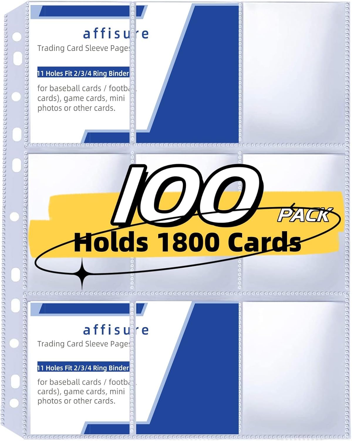9 Pocket Card Sleeves, Holds 1800 Cards, Trading Card Binder Sleeves, 3 Ring 9 Pocket Pages for Sports Cards, Coupons Cards, 100 Pack, Game