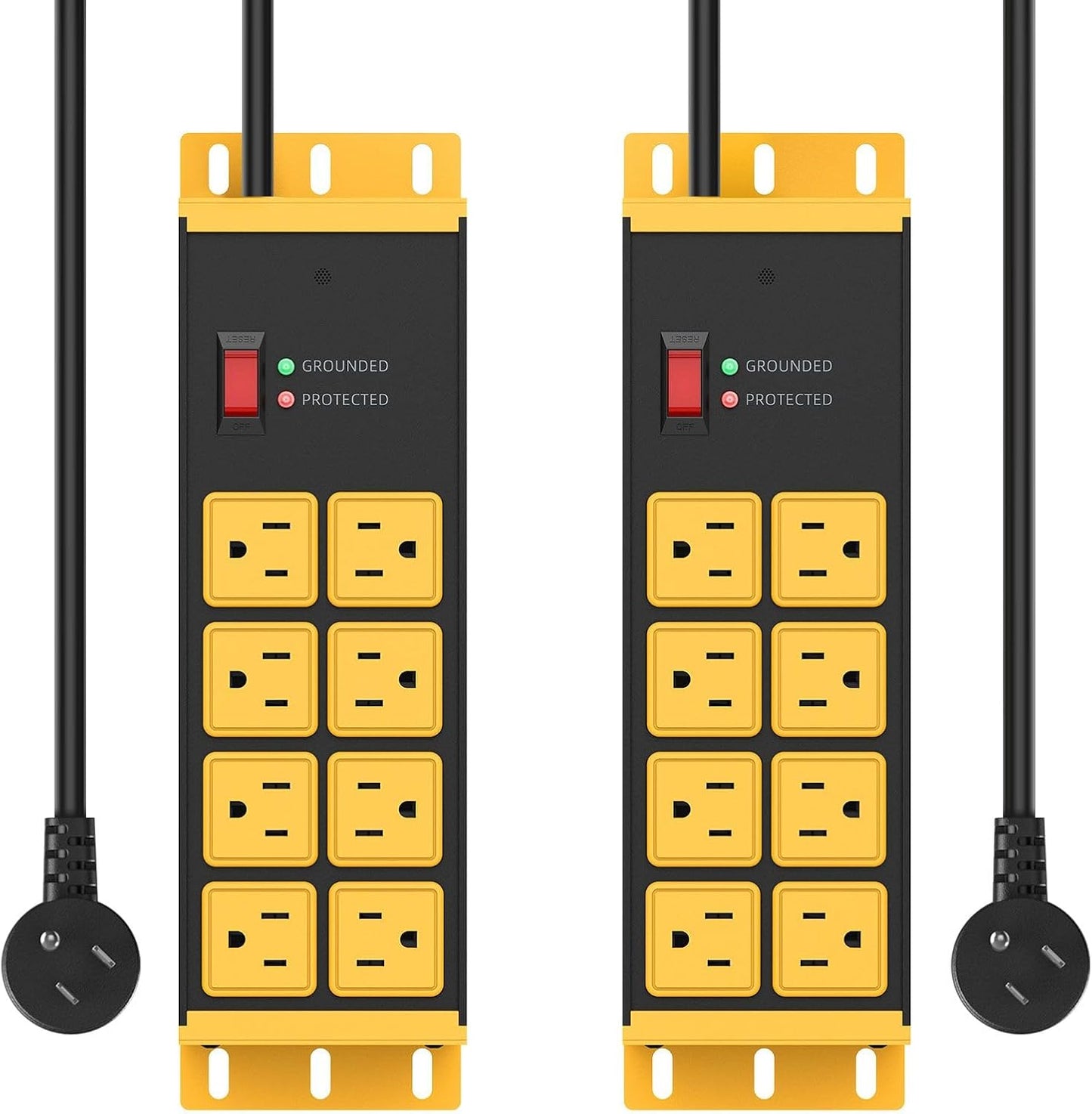 HHSOET 2 Pack Heavy Duty Power Strip 8 Outlets, Metal Wall Mount Outlet Strip 4800J Surge Protector, Garage Shop Under Desk Mountable 10FT Extension Cord Plug.
