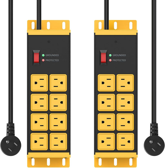 HHSOET 2 Pack Heavy Duty Power Strip 8 Outlets, Metal Wall Mount Outlet Strip 4800J Surge Protector, Garage Shop Under Desk Mountable 6FT Extension Cord Plug, ETL Listed