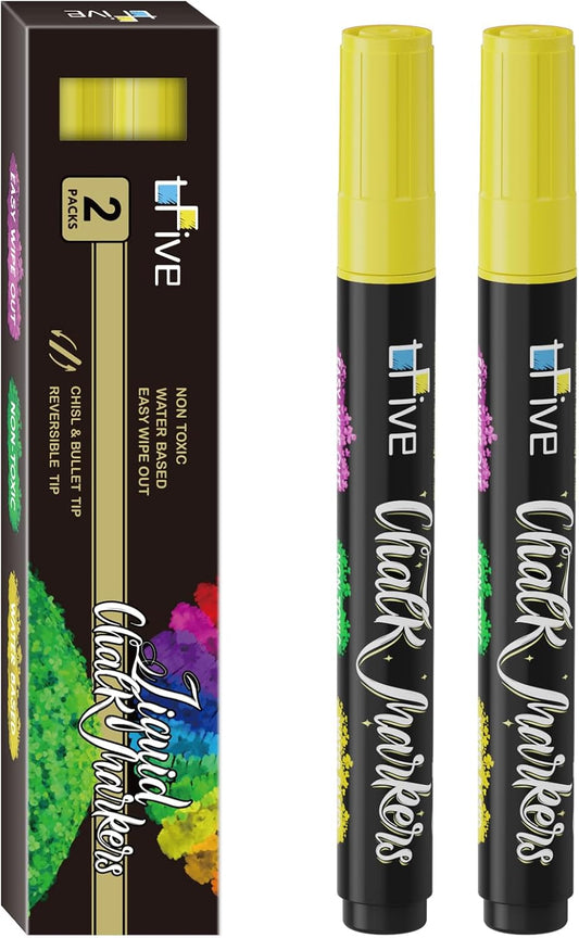 TFIVE Yellow Liquid Chalk Markers - 2 Pack Bright Colors Erasable Chalk Marker Pens, Reversible Tip, Non-Toxic, for Chalkboards, Signs, Glass, Easy to use Chalk markers TF800