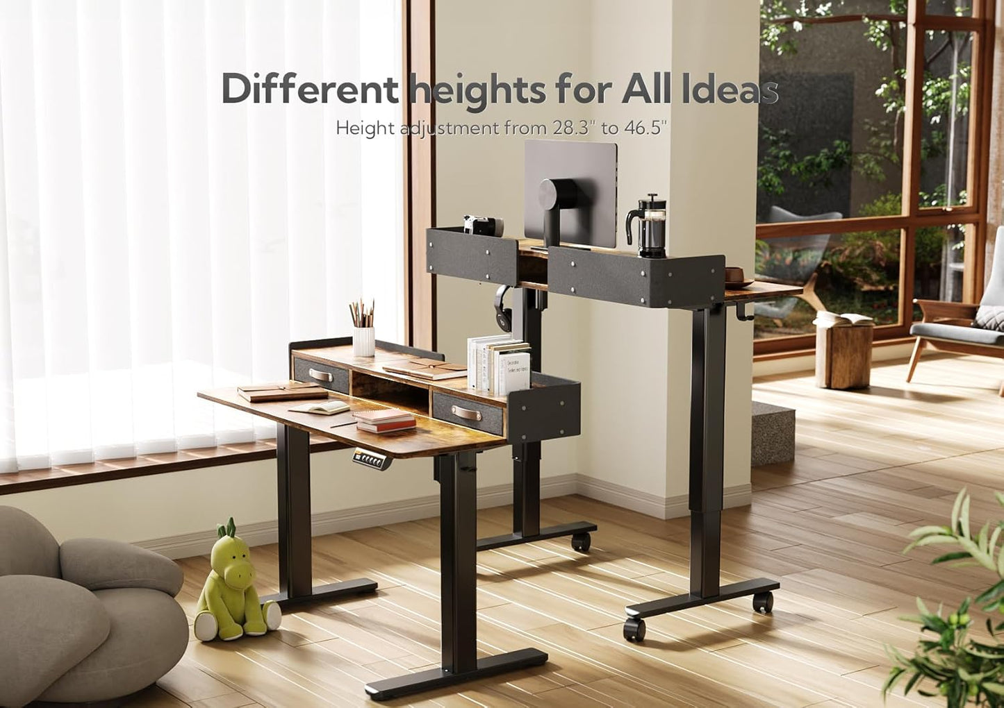 YDN Rustic Brown 2-Tier Adjustable Electric Standing Desk, 63 inch, Modern Design with 2 Drawers, Felt Fence, Hook, for Office