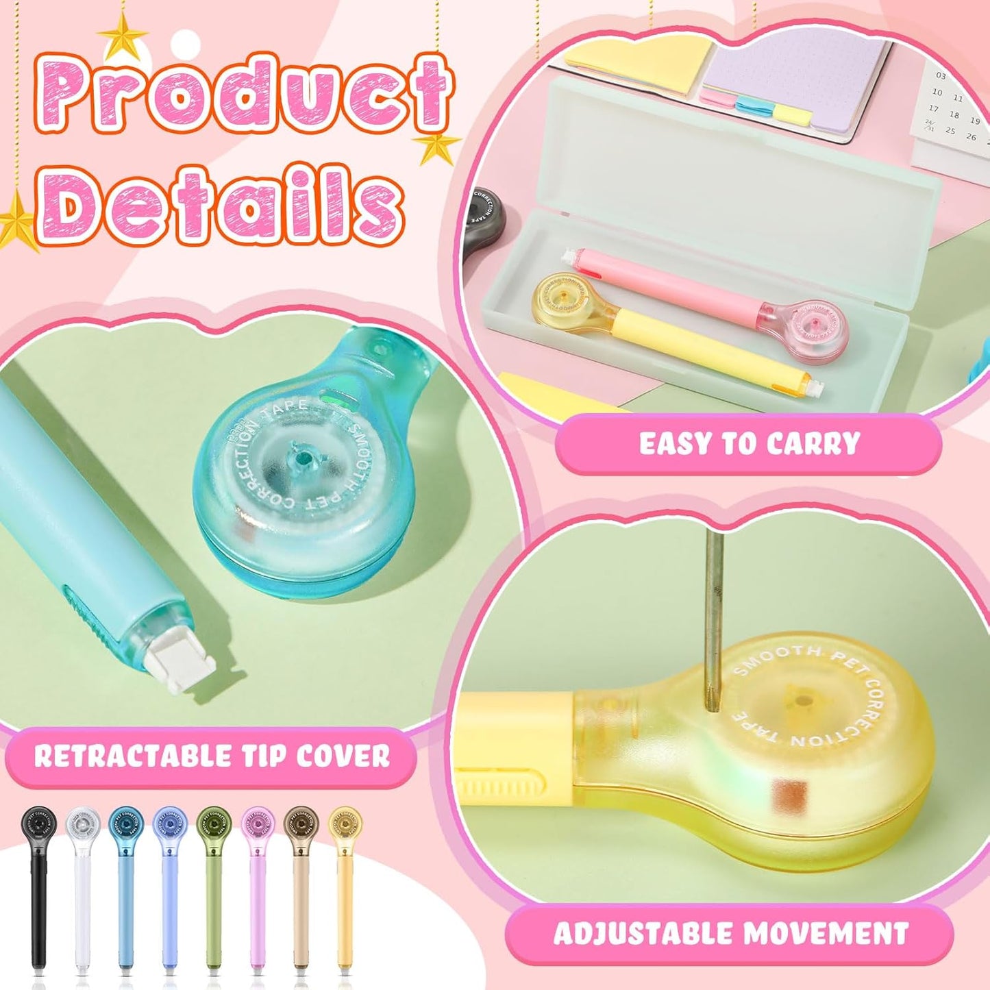 10 Pack Correction Tape Pen Correctional Ink Tape Push Pull Protective, Easy to Use Applicator for School Office Supplies, 0.2 x 236 Inch (Dessert Colors)