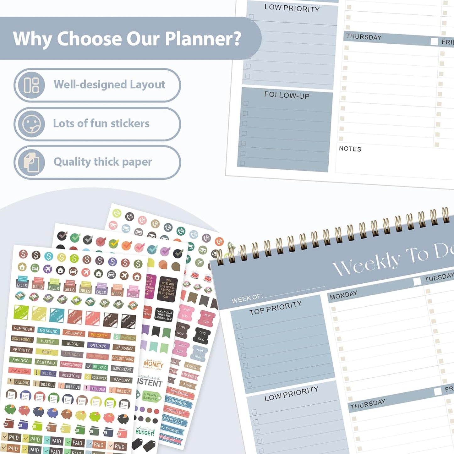 Weekly To Do List Notepad, Undated Planner with 52 Sheets (8.5''x11''), Desk Weekly Planner for Women & Man, Home School & Work