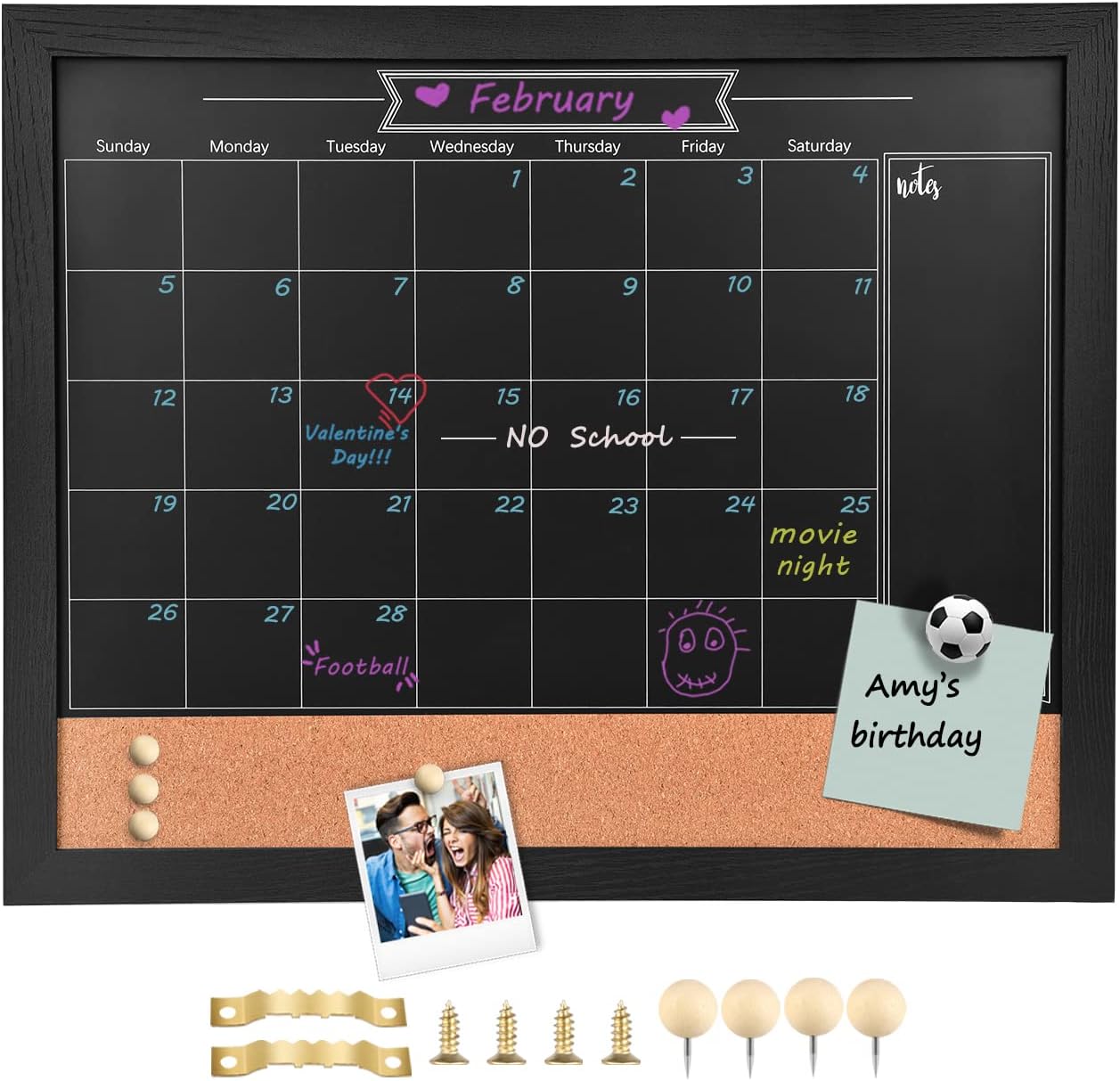 TORASO Magnetic Chalkboard Calendar Corkboard, Small Combination Chalk Board Bulletin Board, 13" x 17",Black Wood Framed Blackboard Calendar Cork Combo Board(ZHHB-BK-3343)