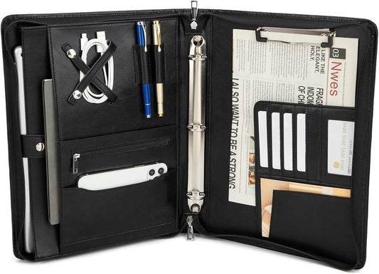 Vegan Leather Portfolio 3 Ring Binder with Clipboard, Hidden Handle, 8.5 x 11 Zippered Padfolio, Business Organizer Professional Executive Folio for Men and Women, Black