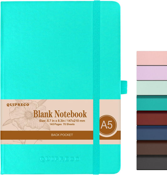 Blank Hardcover Sketch Book Notebook, A5 140 Pages 120Gsm Thick Journal for Drawing,School,Work,Diary，5.7''*8.3'',Turquoise
