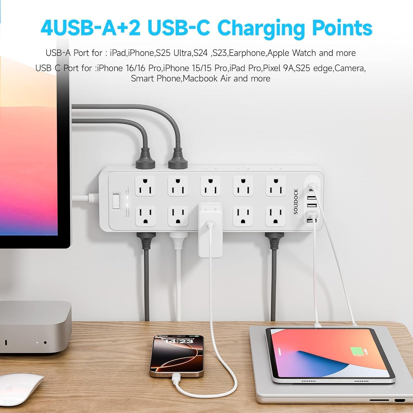 Power Strip Surge Protector Flat Plug with 20 AC Outlets 6 USB Chagring Ports, 1875W/15A, 2700J, 15 Ft Heavy Duty Extension Cord for Home, Office, Dorm, Gaming,ETL Listed (White, 15Feet)