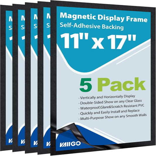 11"x 17" Self Adhesive Magnetic Sign Holder, Double Sided Window Magnetic Display Frame with Clear PVC and Strong Magnetic for Office/Store/Door/Glass/Refrigerator Display Frame(Black, 5Pack)