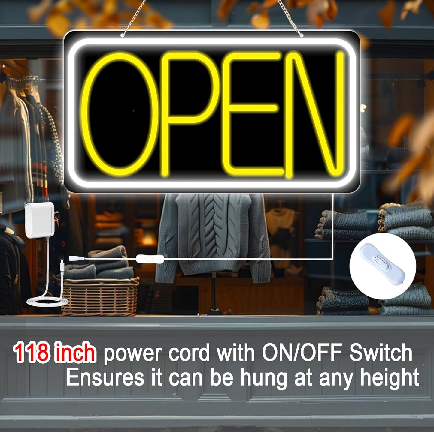 16.5" X 9" Led Neon Open Signs for Business Ultra Bright Plug In Electric Light Up Open Signs with ON/OFF Switch and 12V/2A AC Adapter for Storefront Window Bar Salon Coffee Stores (White/Yellow)